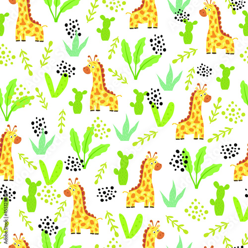 cute giraffe and leaf vector pattern design