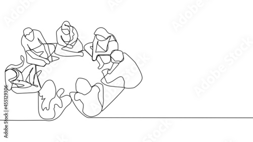 Continuous line drawing group of people sitting, standing, meeting and support