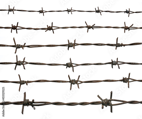 Set of rusty barbed wire isolated on white background
