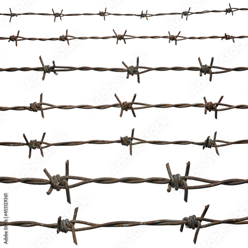 Set of rusty barbed wire isolated on white background