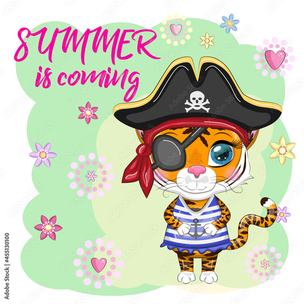 Cartoon tiger pirate in a striped T-shirt, cocked hat, with an eye patch. Summer is coming. Children's style, sweetheart. Symbol of the New Year 2022
