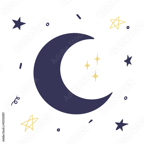 Vector black moon and stars illustration. Hand drawn illustration isolated on white.