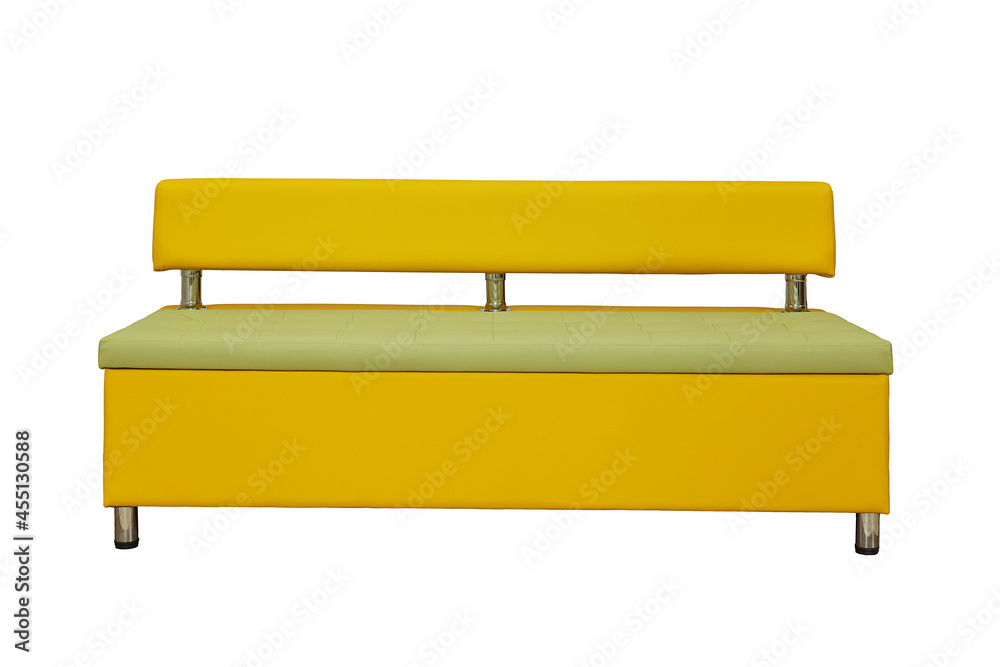 yellow and green leather office sofa with metal chrome legs isolated on white background. modern couch, furniture, interior, home design yellow and green leather office sofa with metal chrome legs isolated on white background. modern couch, furniture, interior, home design