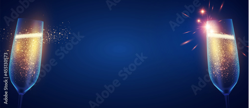 Shining champagne glasses with lights. Holiday background. Birthday, anniversary, weddign and win design.