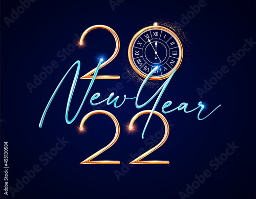 Happy 2022 New Year Elegant Christmas congratulation with 3D realistic gold metal text