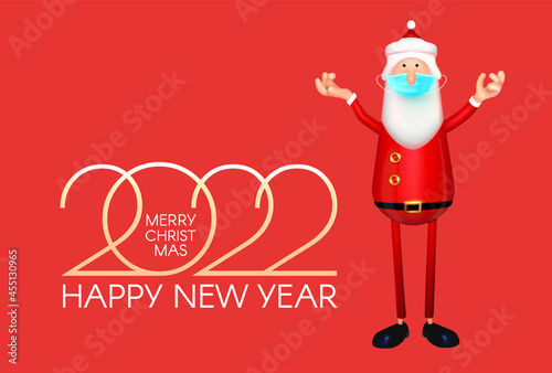 Happy 2022 New Year! 3D Santa Claus character wearing an anti virus protection mask.