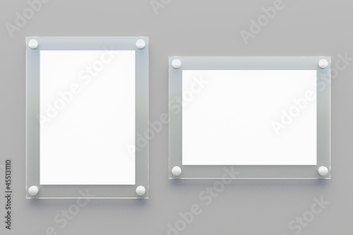 Two Blank Clear acrylic boards with white paper on gray background. 3D rendering illustration