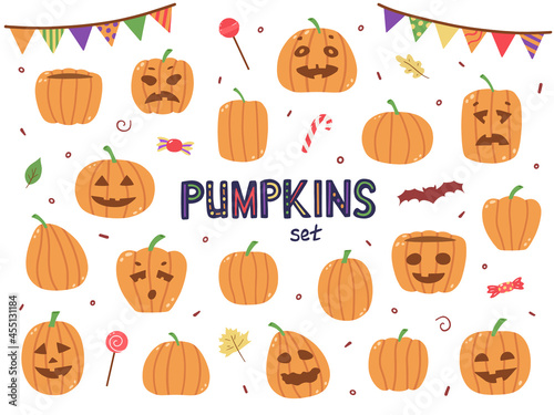 Colorful vector pumpkins set. Hand drawn cute halloween illustrations isolated on white.