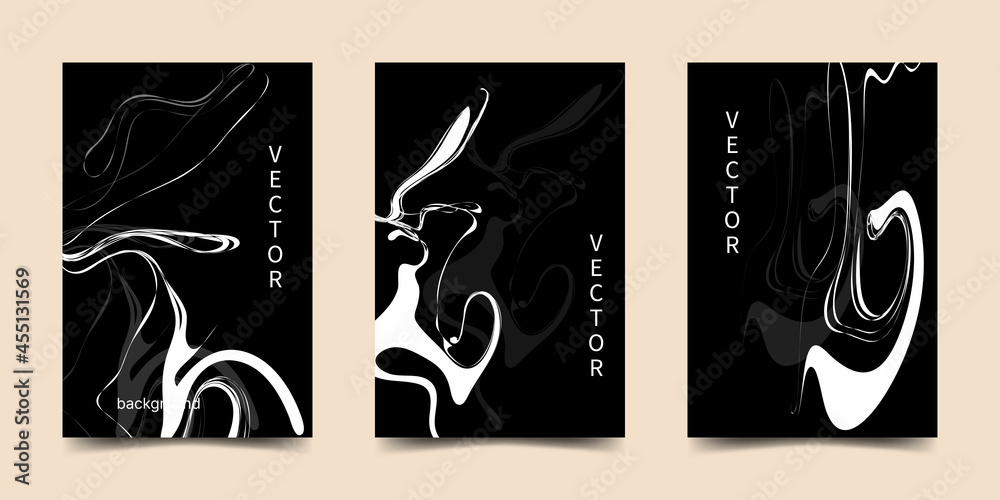 Vector abstract poster template with liquid lines. White wavy lines on a black background. Design for banner, flyer, invitation, cover, business card.