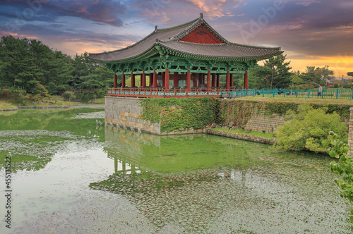 Photo of Donggung Palace and Wolji Pond in Gyeongju National Park in 2020 october, the evening, just after the sunset, South Korea photo