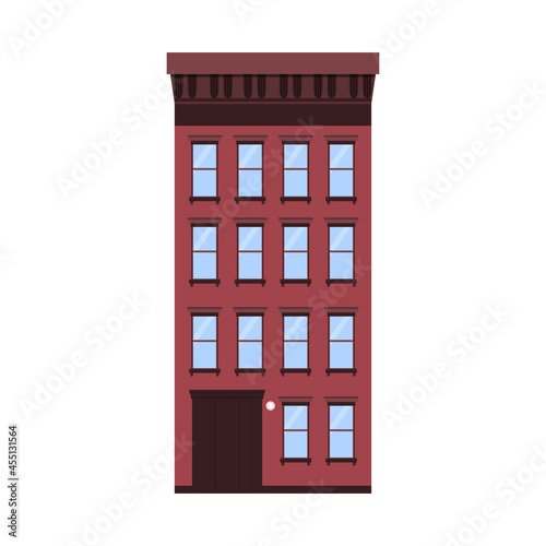 Flat vector illustration of walk-up residential apartment building, brick house. Isolated on white background.