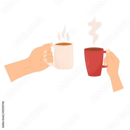 Hand drawn color sketch vector illustration of hands holding coffee mugs with aroma steam. Concept of diversity, cozy, warm, friendship, love.