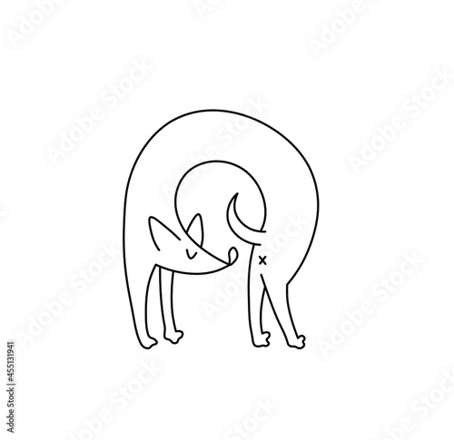 Vector isolated cute cartoon dog sniffs the ass contour black line drawing