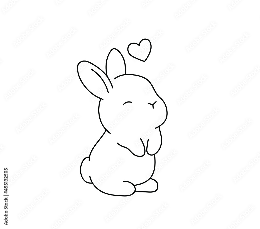 Vector isolated cute cartoon small rabbit in love contour line drawing.  Colorless black and white black line tiny cute bunny contour outline doodle  sketch Stock Vector | Adobe Stock