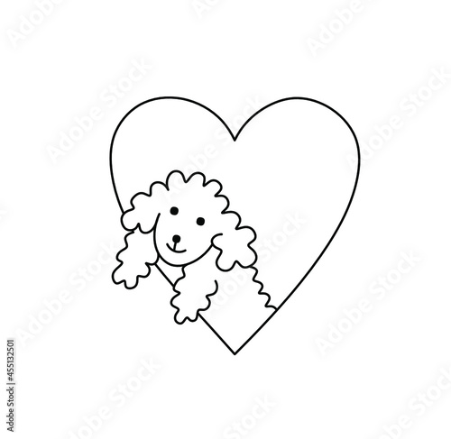 Vector isolated cute cartoon curly doggie or curly sheep in heart contour black line drawing.