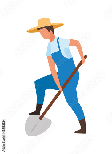 Farmer digging with shovel semi flat color vector character. Posing figure. Full body person on white. Gardening work isolated modern cartoon style illustration for graphic design and animation