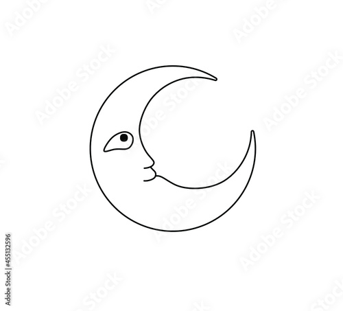 Vector isolated one single fairy tale cartoon crescent moon with eyes nise lips side view colorless black and white contour line drawing. photo