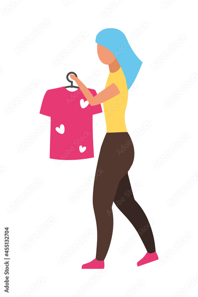 Woman holding t shirt hanger semi flat color vector character. Walking figure. Full body person on white. Stylish advisor isolated modern cartoon style illustration for graphic design and animation Woman holding t shirt hanger semi flat color vector character. Walking figure. Full body person on white. Stylish advisor isolated modern cartoon style illustration for graphic design and animation