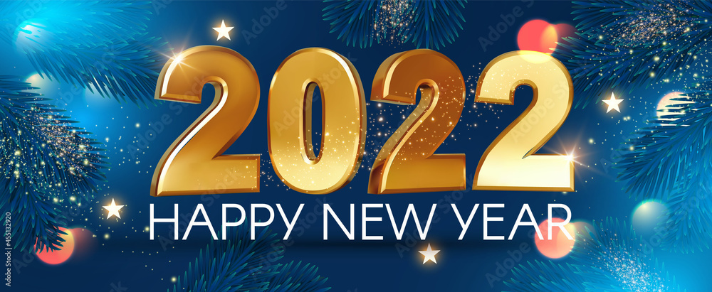 Happy new 2022 year Elegant gold text with bokeh effect and fir tree branches. Minimal text template.