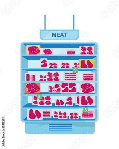 Meat refrigerator for supermarket semi flat color vector object. Full sized item on white. Meat freezer. Fresh food storage isolated modern cartoon style illustration for graphic design and animation