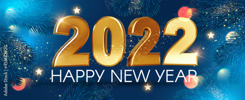 Happy new 2022 year Elegant gold text with bokeh effect and fir tree branches. Minimal text template.