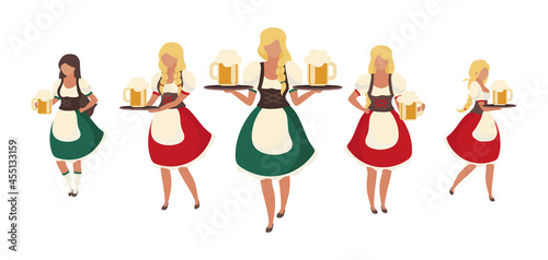 Female Oktoberfest beer servers semi flat color vector characters. Full body people on white. Waitresses wearing dirndls isolated modern cartoon style illustration for graphic design and animation