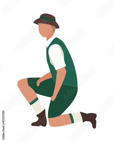 Bavarian man standing on one knee semi flat color vector character. Full body person on white. Wearing authentic costume isolated modern cartoon style illustration for graphic design and animation