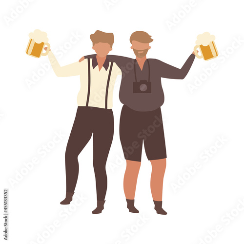 Tourists participating at Oktoberfest semi flat color vector characters. Full body people on white. Festival for beer lovers isolated modern cartoon style illustration for graphic design and animation