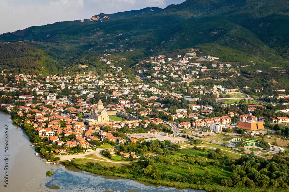 Beautiful view of streets of Mtskheta village in Georgia at the confluence of the Mtkvari and Aragvi rivers