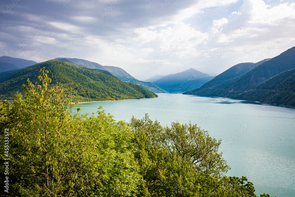 Scenic view of Zhinvali Water Reservoir on summer day in Georgia