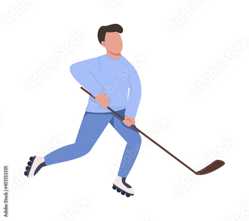Man playing hockey on roller skates semi flat color vector character. Full body person on white. Participate in hockey game isolated modern cartoon style illustration for graphic design and animation