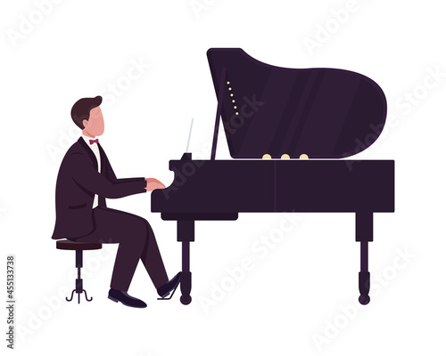 Young man playing grand piano semi flat color vector character. Full body person on white. Pianist performance isolated modern cartoon style illustration for graphic design and animation