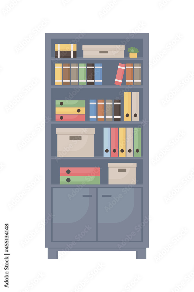 Office cupboard with documents semi flat color vector object. Files storage. Full sized item on white. Cabinet for books isolated modern cartoon style illustration for graphic design and animation