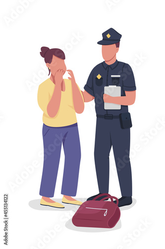 Policeman takes statement from victim semi flat color vector characters. Full body people on white. Gathering evidence isolated modern cartoon style illustration for graphic design and animation