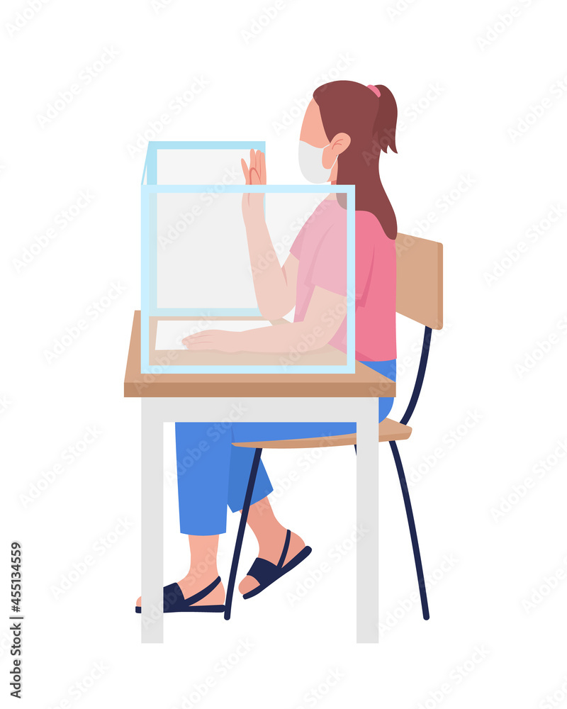 Girl in mask at school lesson semi flat color vector character. Schoolgirl figure. Full body person on white. Covid rules isolated modern cartoon style illustration for graphic design and animation Girl in mask at school lesson semi flat color vector character. Schoolgirl figure. Full body person on white. Covid rules isolated modern cartoon style illustration for graphic design and animation