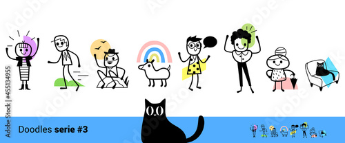 Doodle trait personnages dessin bâton vecteur illustration stick figure éditable noir et blanc animaux expression famille groupe
