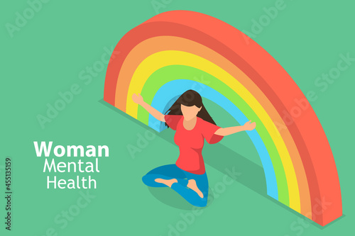 3D Isometric Flat Vector Conceptual Illustration of Womens Mental Health, Female Inner Harmony and Wellness