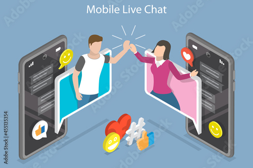 3D Isometric Flat Vector Conceptual Illustration of Mobile Live Chat, Mobile Content Sharing