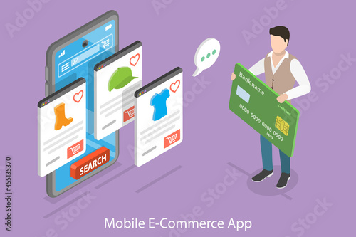 3D Isometric Flat Vector Conceptual Illustration of Mobile Ecommerce App, Shopping and Paying Safely Online