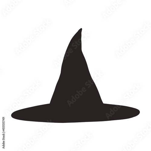 The traditional symbol of Halloween is the witch's hat. A black hat is silhouetted. Cute hand drawn doodle illustration. Design element for printing, festive decor 
