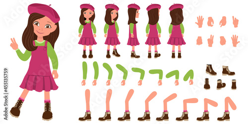 Flat Vector Illustration of Kid Girl in Red Dress and Beret, Cartoon Character Set For Animation, Various Views, Poses and Gestures