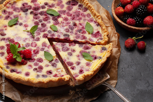 Homemade berry cheesecake. Sweet raspberry tart