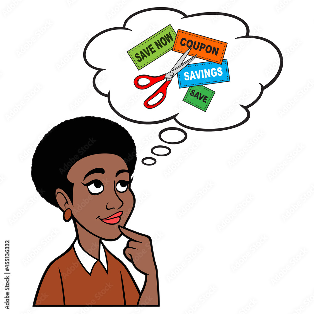 Woman thinking about Coupons - A cartoon illustration of a Woman thinking about Coupons for next shopping trip. Woman thinking about Coupons - A cartoon illustration of a Woman thinking about Coupons for next shopping trip.