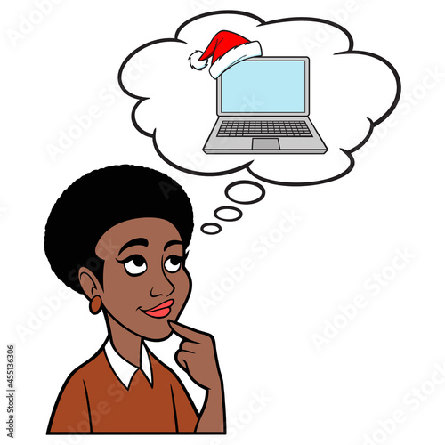 Woman thinking about Computer for Christmas - A cartoon illustration of a Woman thinking about a new computer for Christmas.