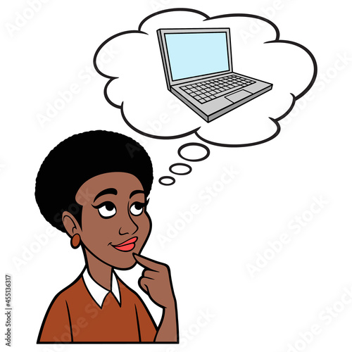 Woman thinking about a Laptop Computer - A cartoon illustration of a Woman thinking about a new laptop computer.