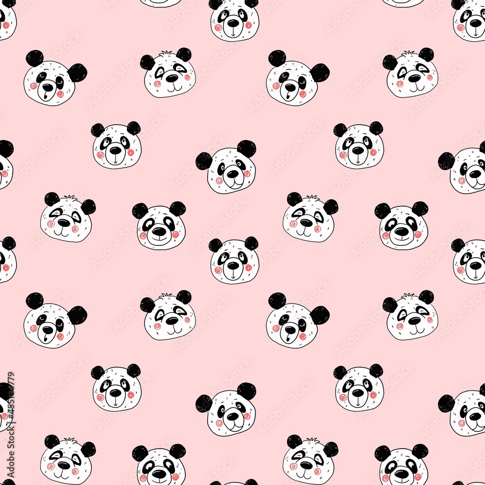 Seamless pattern with pandas . Print for children's clothing, objects, fabrics. The raster illustration is drawn in the kartun style.