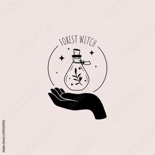 Minimalistic logo with a female hand holding a magic bottle.