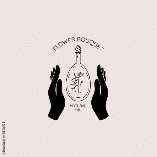 Minimalistic logo with female hands holding a glass bottle with herbs.