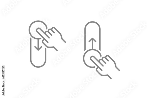 Set of up, down phone swipe gestures. Lock and unlock progress bar line icons. On, off toggle slider symbols
