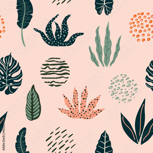 Modern seamless pattern with tropical leaves and abstract geometric shapes.